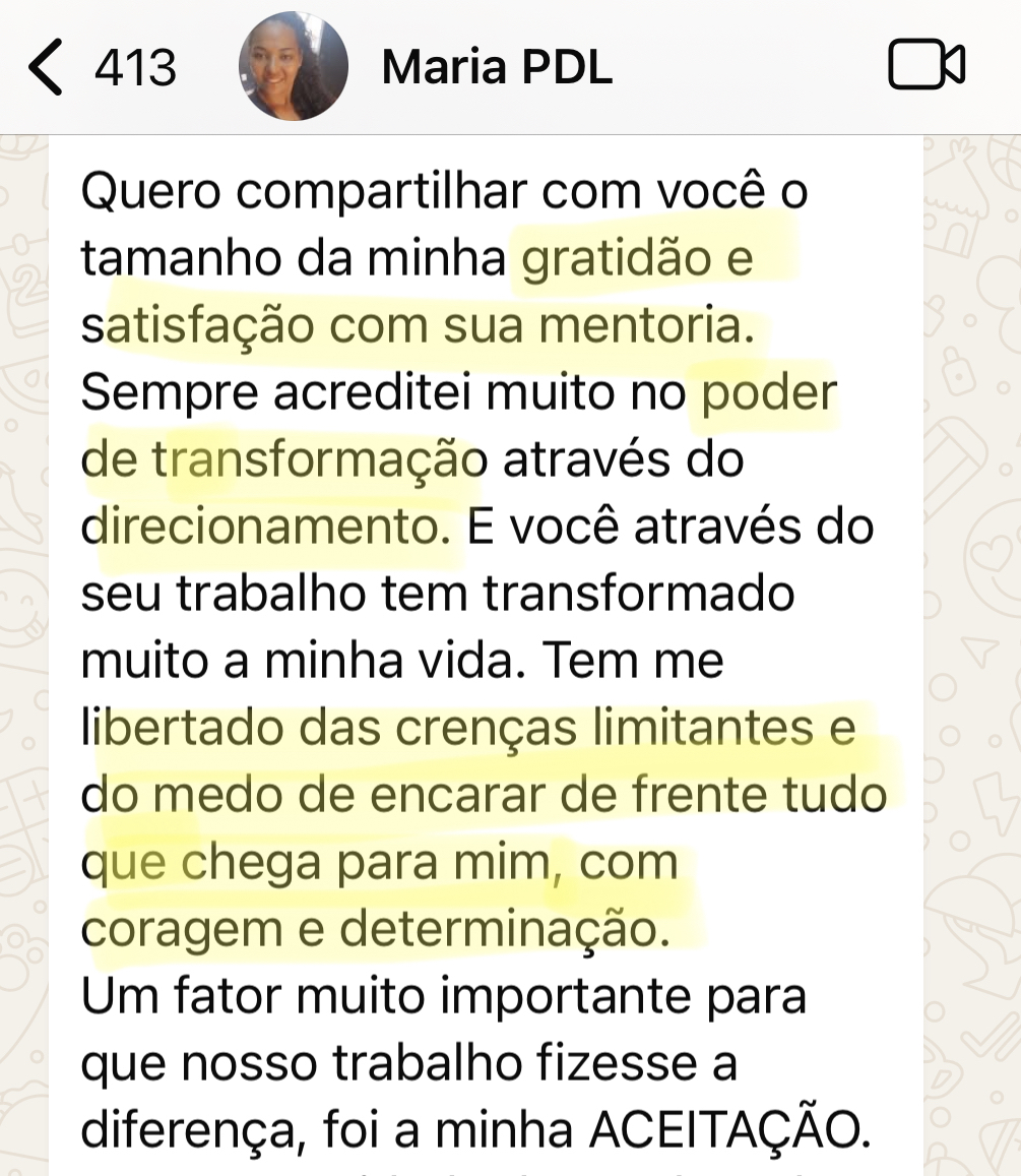 Mensagem real da Maria sobre gratidão e transformação na mentoria