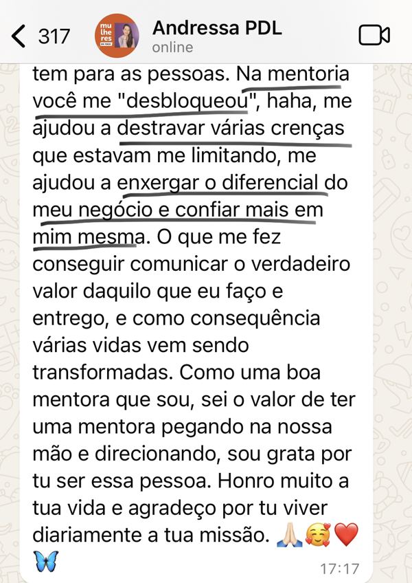 Relato de mentorada sobre crenças, posicionamento e comunicação de valor