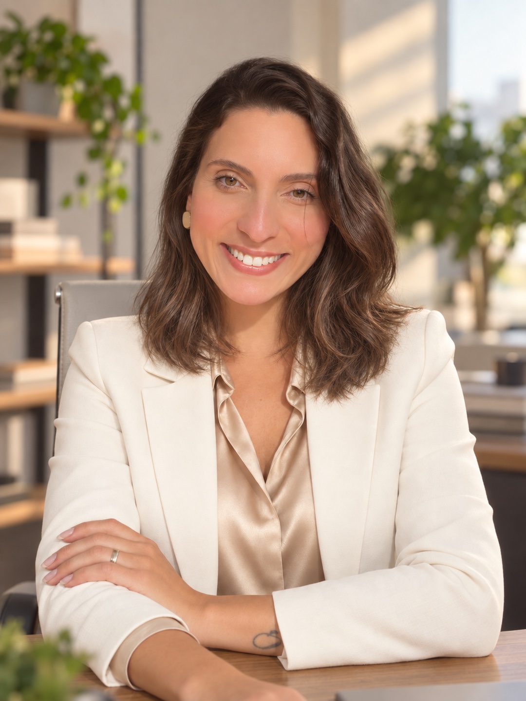 Tatiana Peres, sorrindo, de blazer branco